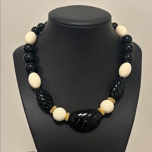 Vintage Avon Black and Cream Beaded Subtle Style Necklace with Gold Accents